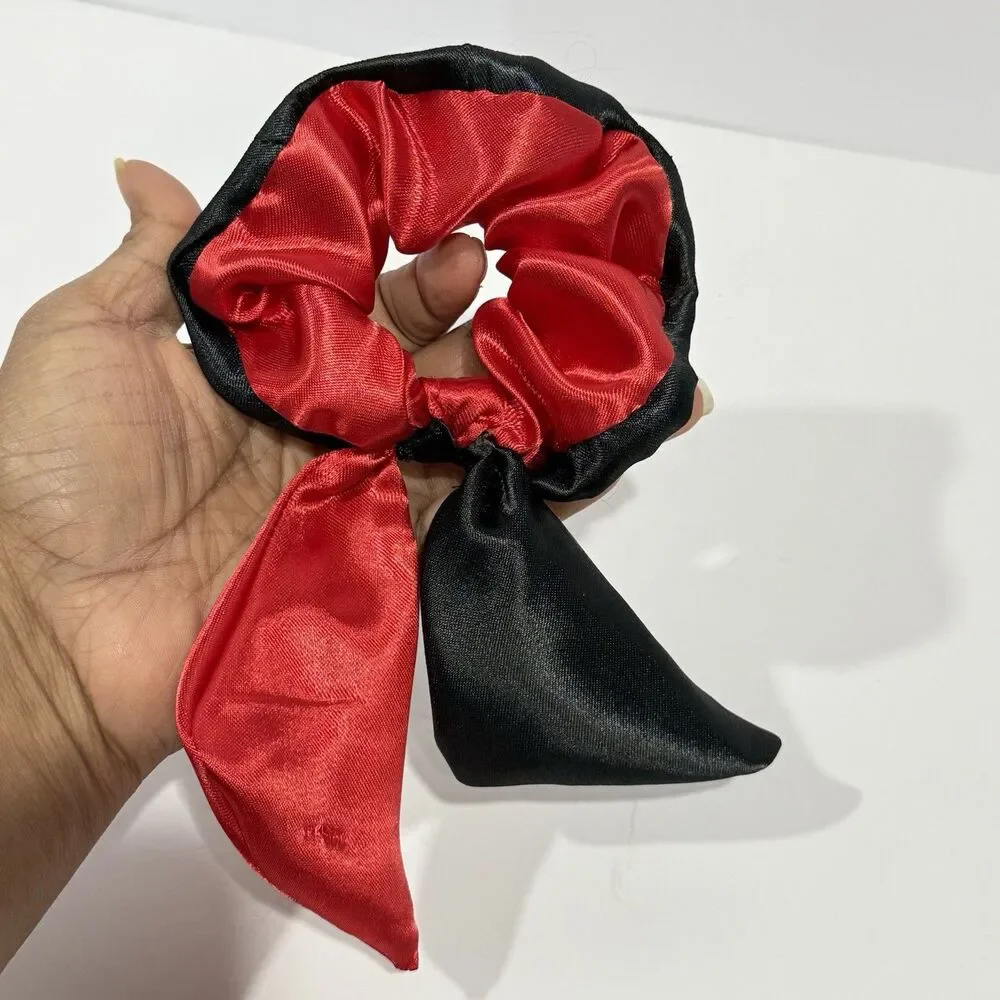 Handmade Red Black Satin Scrunchie Scarf Bow Hair Tie Ponytail Holder